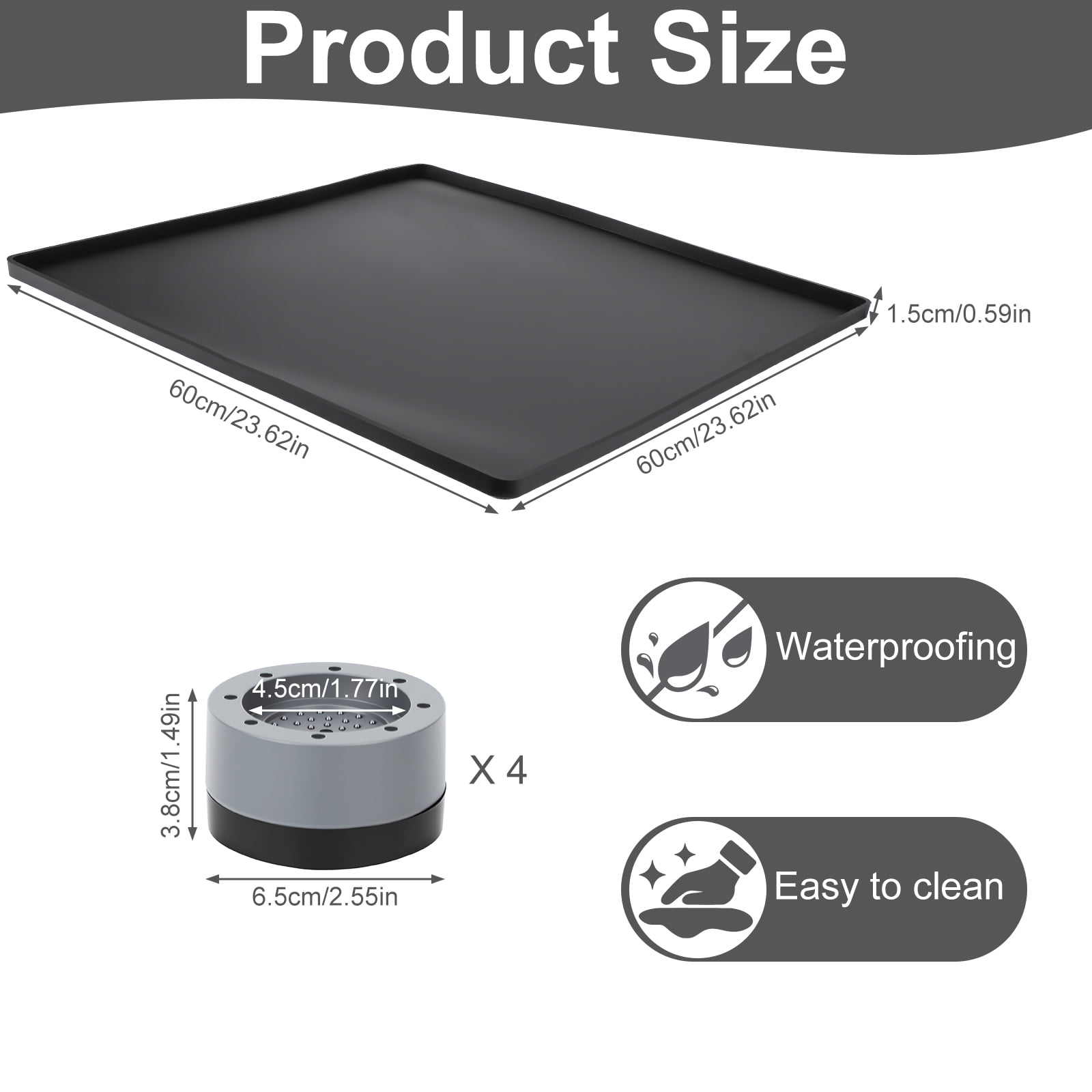 Silicone Refrigerator Mat 60x60x1.5cm with 4 Base Raisers,Washable Under Refrigerator Mat,Non-Slip Floor Protector,Spill-Proof Fridge Tray,Durable Multifunctional Mat for Dryer Mini Fridge.