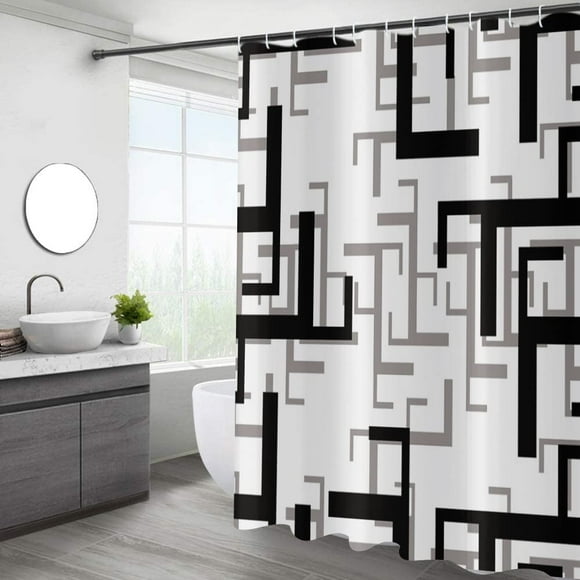 Black and White Shower Curtain, Black White Grey Geometric Shower Curtain Modern Abstract Bathroom Curtains for Contemporary Bathtub Decor Waterproof Machine Washable Fabric with 12 Hooks