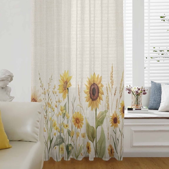 Spring Sunflowers Semi Sheer Curtains Drapes for Living Room,Bedroom,French Doors Window 84 Inches Long,Farmhouse Botanical Floral Plants Herbs Rod Pocket Chiffon Curtain Drapery Voile Drape Panel