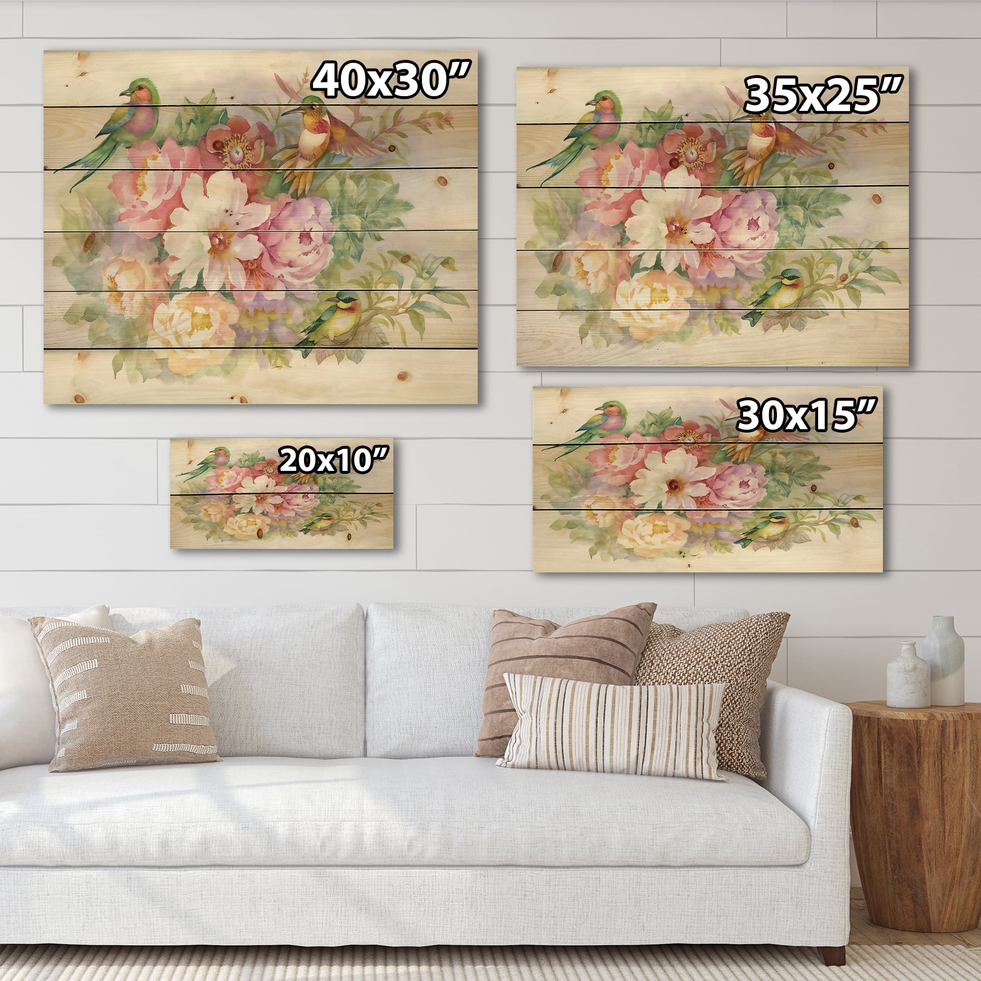 Designart 'Colourful Birds and Vibrant VIntage Flowers' Traditional Print on Natural Pine Wood