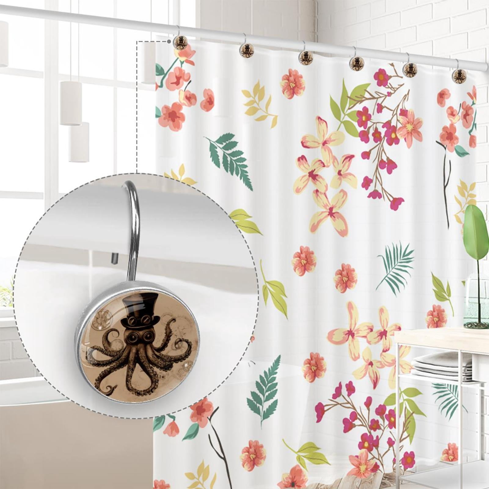 12pcs Decorative Shower Curtain Hooks, Rust Resistant Shower Rings for Bathroom Living Room,Rustproof Stainless Steel Rings for Shower Curtain and Liner Rods,Vintage Hat Octopus