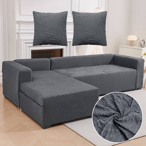 CJC Sectional Couch Covers Stretch L Shape Sofa Covers with Elastic Bottom, 2pcs Sofa Slipcovers for 3 4 Seater Sectional Chaise Slipcover (Gray)