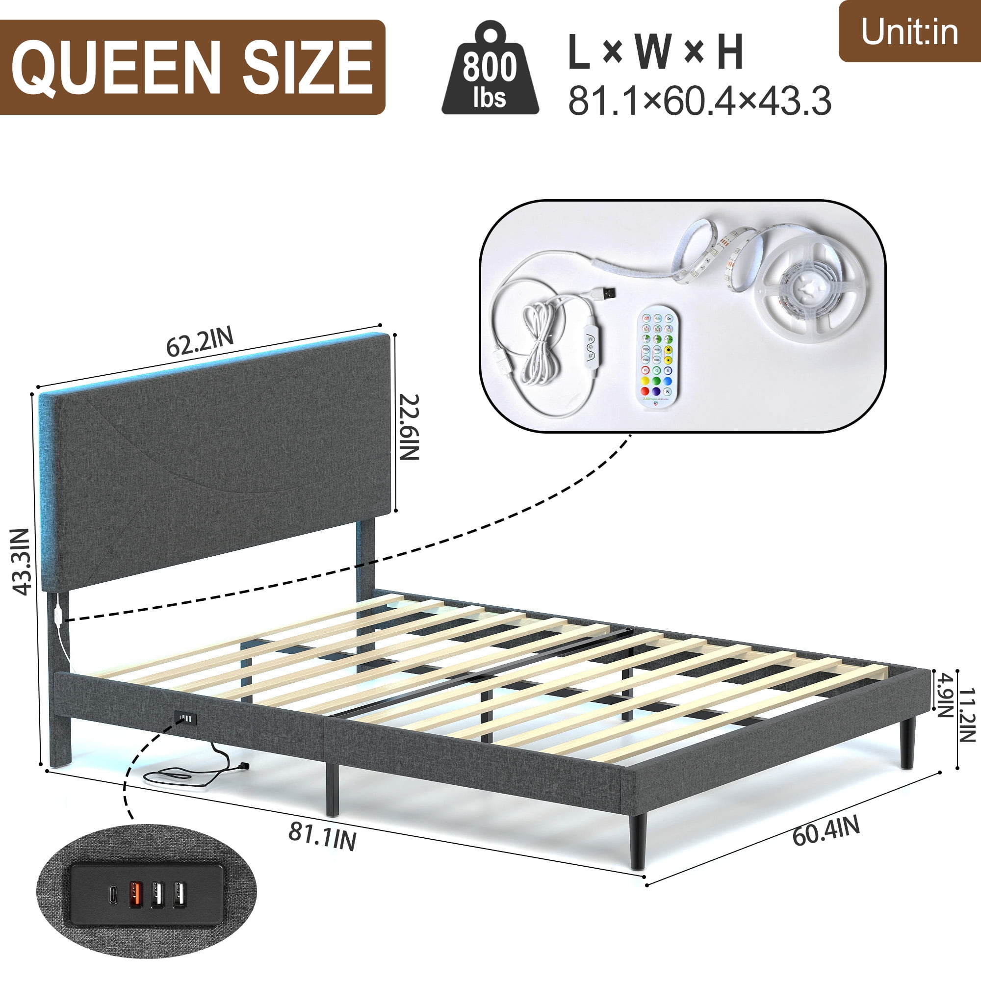 Homy Casa Upholstered Queen Bed with Tech Charging and LED Lights, Modern Headboard, Grey
