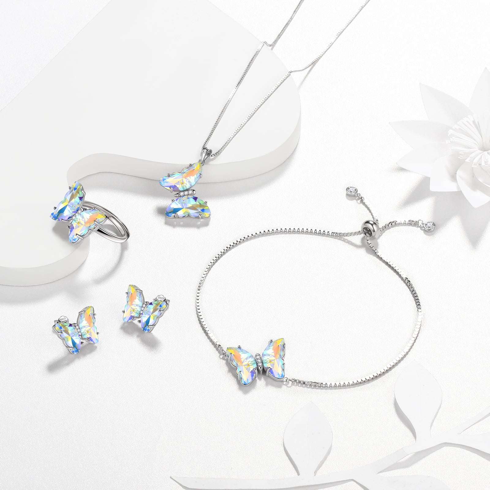 White Butterfly Jewelry Sets 5PCS, Necklace Earrings Bracelet Ring April Birthstone Jewelry Set Crystal Sterling Silver Women Birthday Mother's Day Gifts