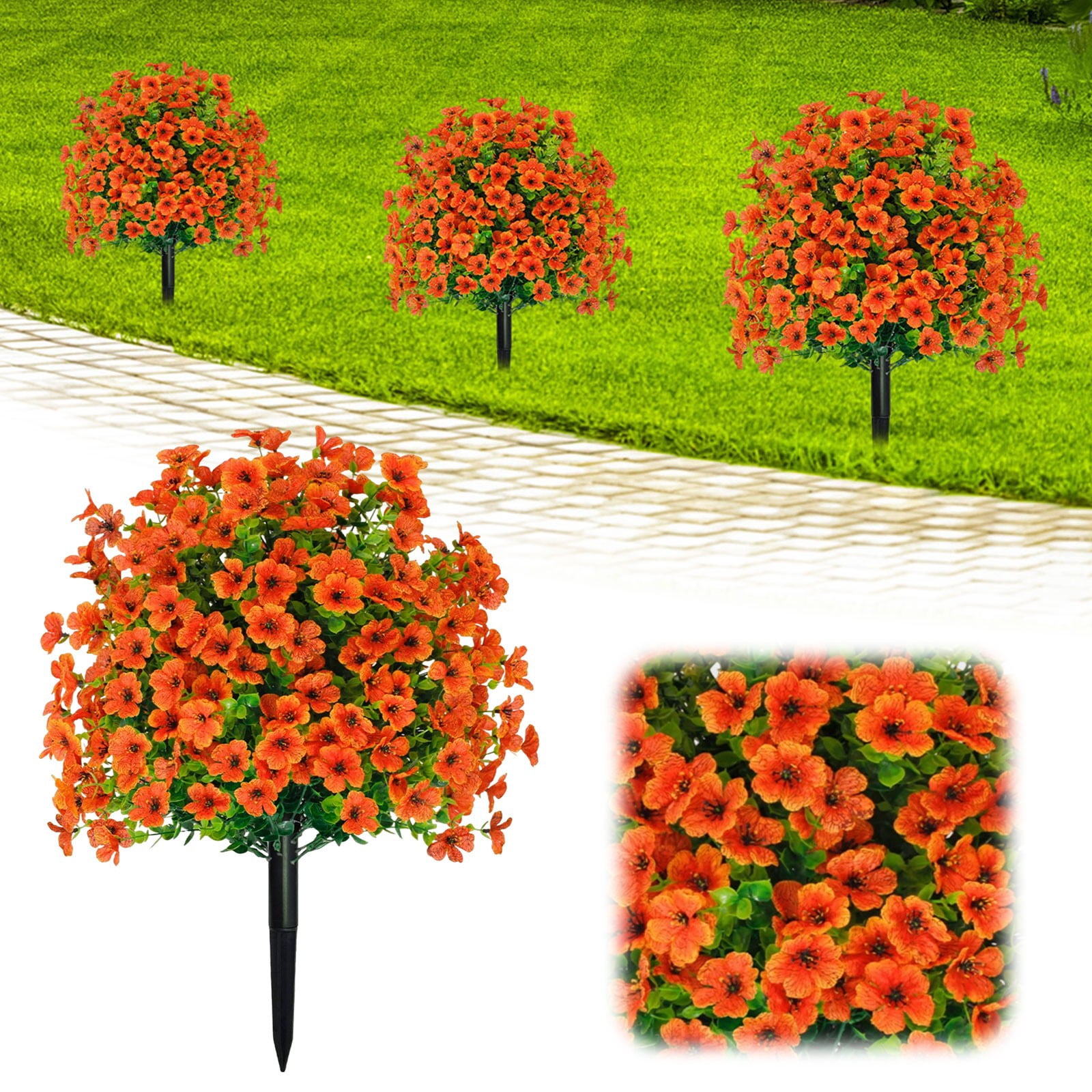 Artificial Geranium Flowers with Stake, UV Resistant Fake Outdoor Bushes, Realistic Silk Faux Flowers for Front Porch Patio Garden Decor, Artificial Shrubs for Outside
