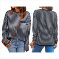 thumbnail image 3 of Suéter de Punto Suave A Rayas para Mujer, Camisa Holgada con Bolsillo en el Pecho. Azul Profundo L, 3 of 5