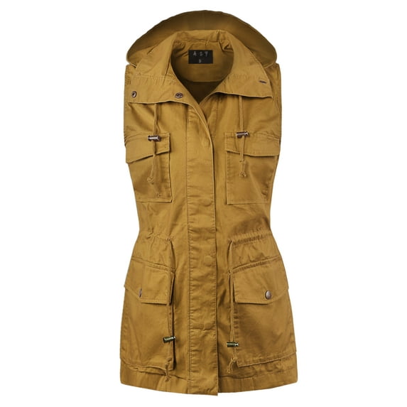 A2Y Women's Solid Drawstring Waist Zipper Pockets Military Utility Hoodie Vest Mustard XL