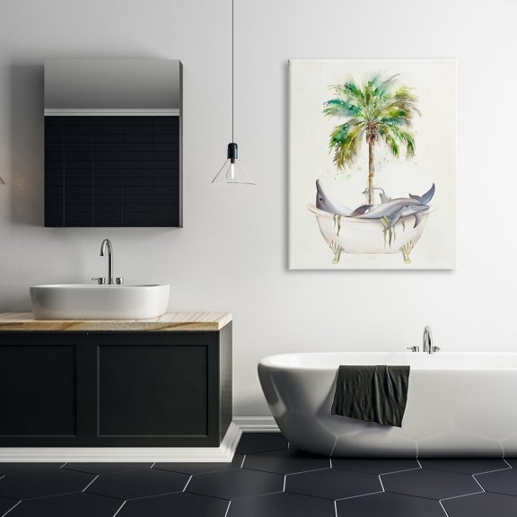 Stupell Tropical Dolphins Bathroom Tub Animals & Insects Painting Gallery Wrapped Canvas Print Wall Art