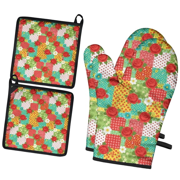 Pioneer Flower Floral Print Pattern 2-Pack Oven Mitts Set, Heat Resistant Kitchen Gloves, 7.7" X 12"