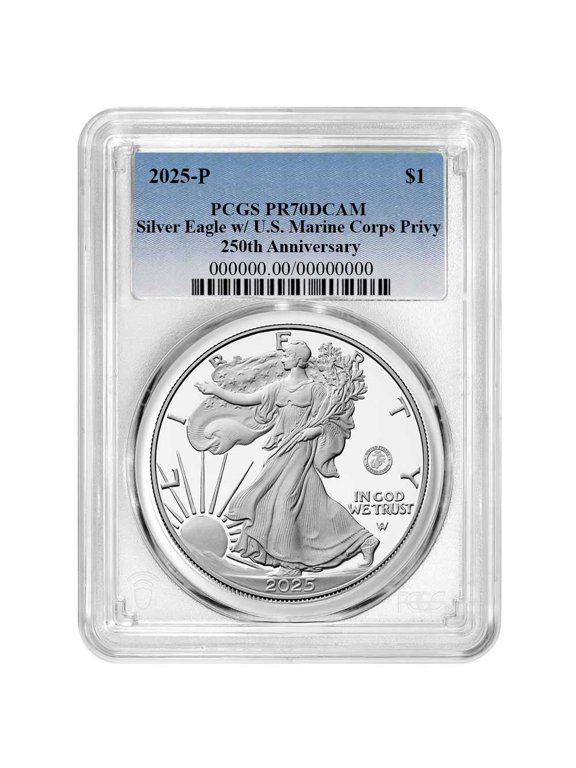 2025P Proof $1 American Silver Eagle Marine Corps Privy PCGS PR70DCAM Blue Label 250th Anniversary