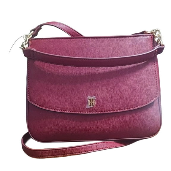 Tommy Hilfiger Burgundy Leather Crossbody Bag Gold Tone Logo Clasp Flap
