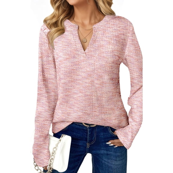 UVN Long Sleeve Shirts for Women Fall V Neck Waffle Knit Blouses Dressy Casual Tunic Tops Ladies Work Clothes