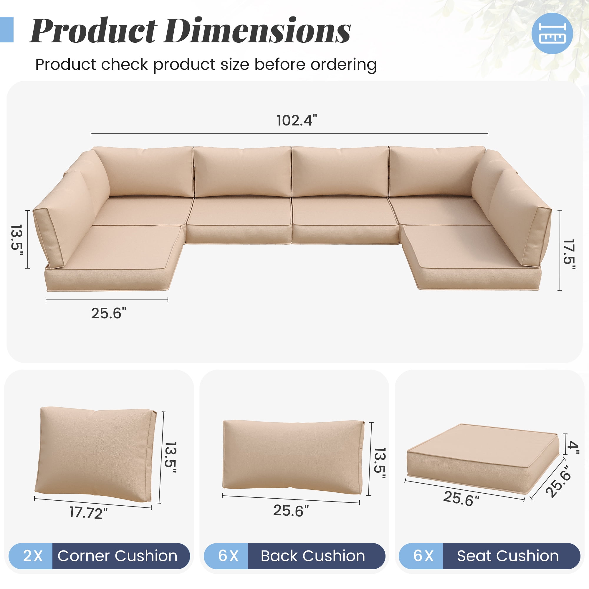 ELPOSUN 7-Piece Sectional Outdoor Cushion Set - Replacement Cushions for Patio Furniture, Waterproof & Weather-Resistant Lounge Sofa Cushions (Khaki)