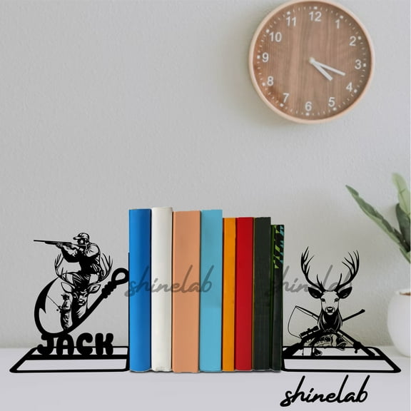 Shinelab Custom Metal Deer Hunting Bookends, Rustic Decor, Heavy Duty Bookshelf Organizer 12745