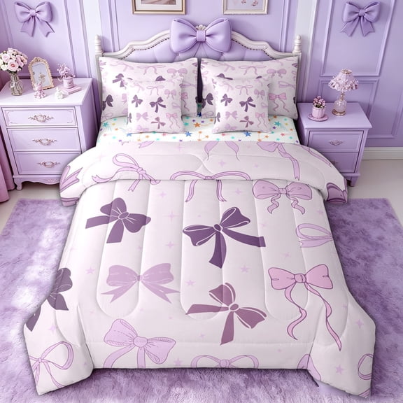 spefrowx Purple Line Bowknot Twin Bedding for Kids, Kawaii Star Print Bedding Comforter Set, Stars Reversible, 7 Pieces