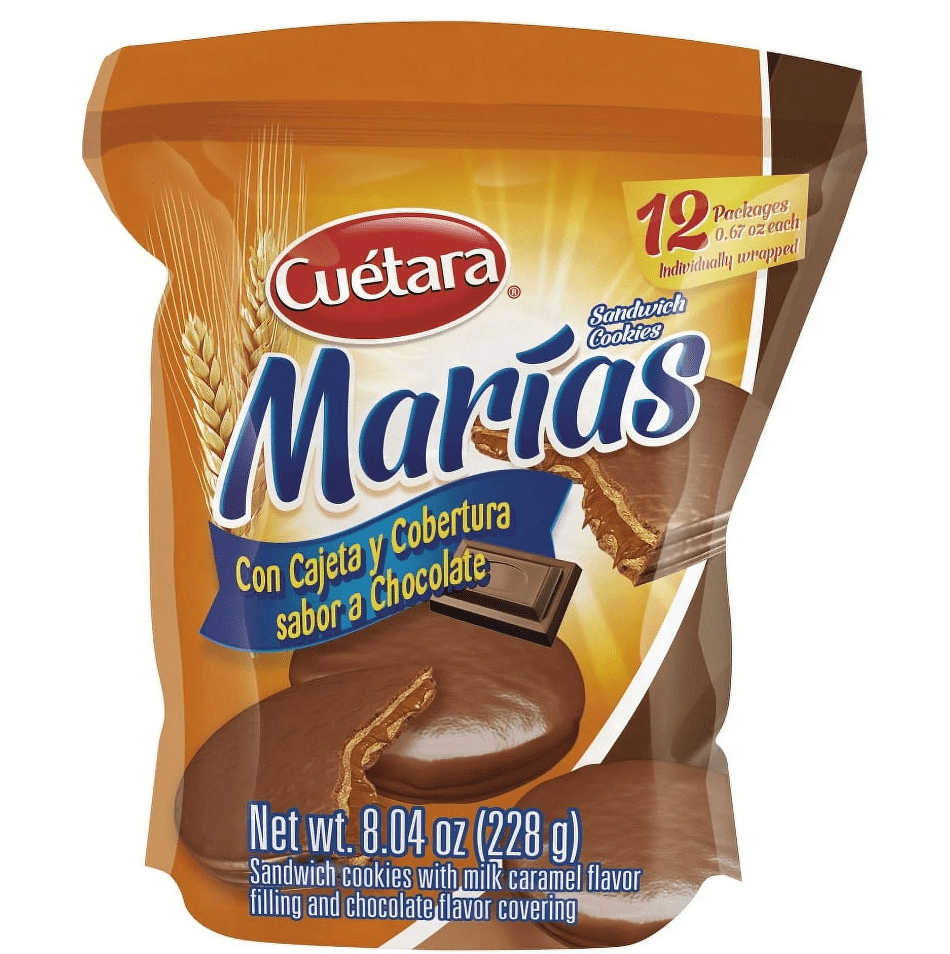 (4 pack) Cuétara Marías Sandwich Cookies Con Cajeta With Chocolate Cover 8.04 oz (228 g), 12 Packages Individually Wrapped
