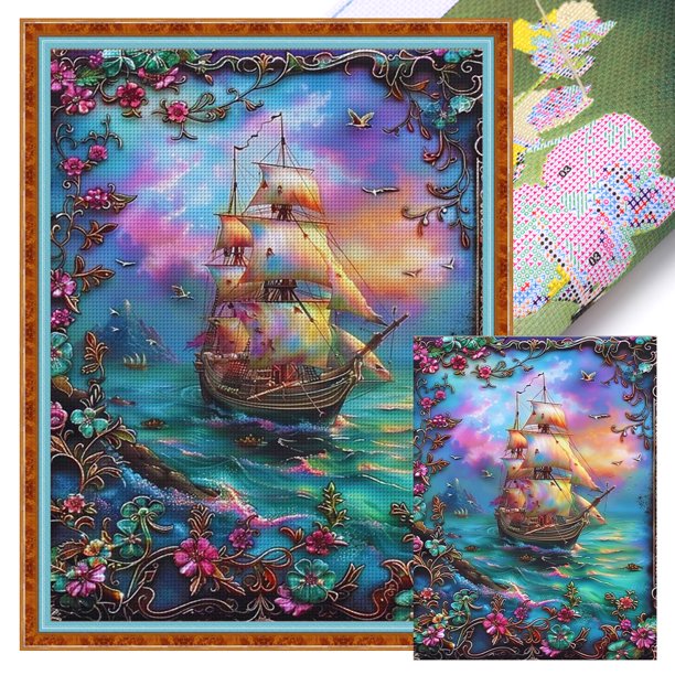 Kit Punto Cruz Con Velero Hilo Algodón Ecológico Bordado 11CT 40x55cm