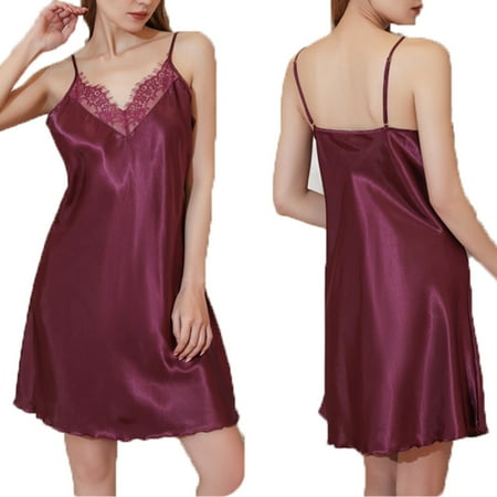 Women s Satin Lace Chemise Nightgown Open Back Sexy Full Slips Sleepwear Negligee Nightie Bridal Babydoll Lingerie