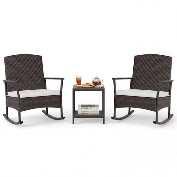 Biotree Patio Furniture Set 3 Piece Wicker Rocking Chairs with 2-Tier Coffee Table Outdoor Conversation Set for Garden Backyard Porch, Off White