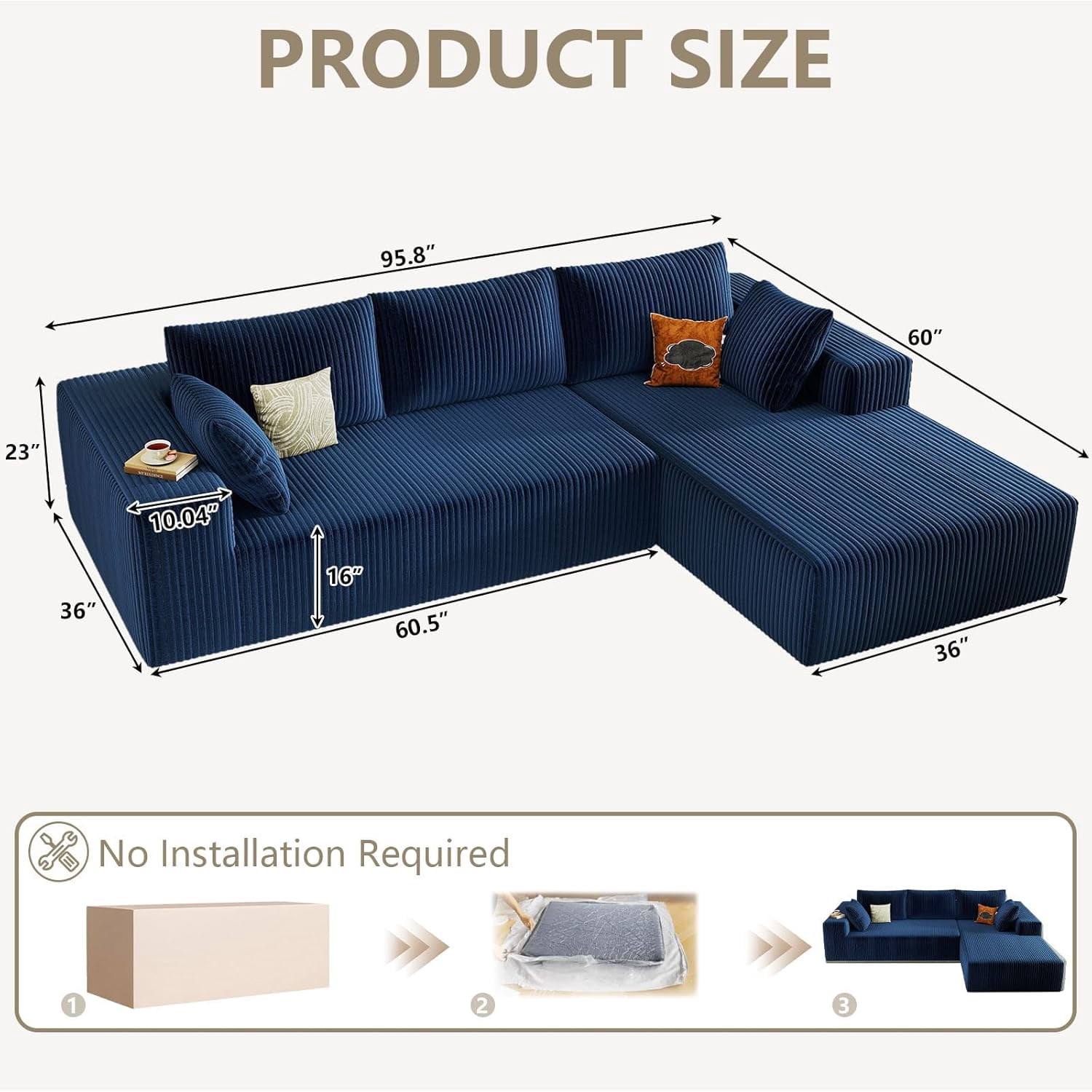 Cloud Couch Sectional, 96" L-Shaped Sofa, No Assembly Corduroy Couch with Chaise for Living Room,Blue