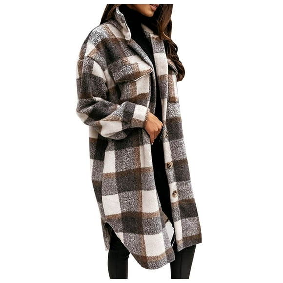 Snorda Women Fall Clothing Winter Coat Women‘s New Long Sleeve Plaid Print Button Open Front Long Cardigan Outerwear