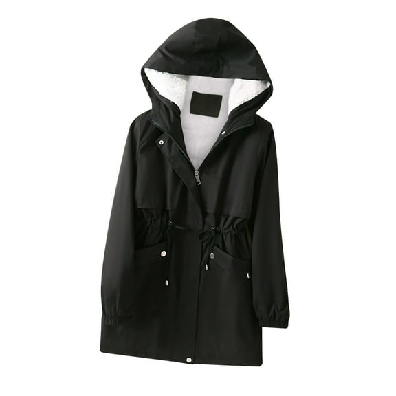 QUYUON Fleece Lined Windbreaker Jacket Women Anoraks with Hood Trench Coat Casual Long Sleeve Hooded Sweatshirts Tie Waist Hoodies Jackets with Pockets Lightweight Jackets Black XXL