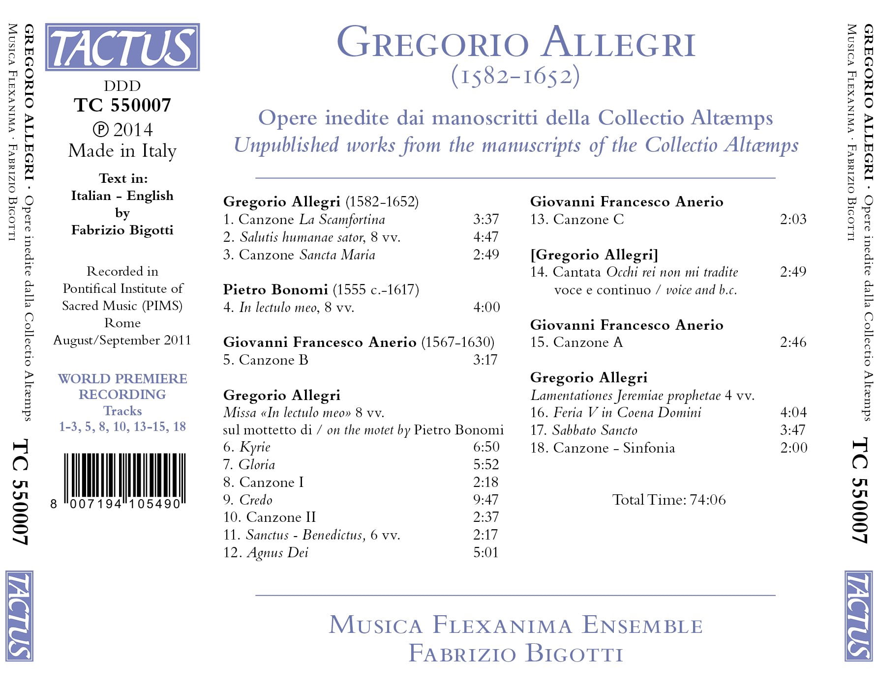 Allegri / Musica Flexanima Ensemble / Bigotti - Unpublished Works from the Manuscripts of the - Music & Performance - CD