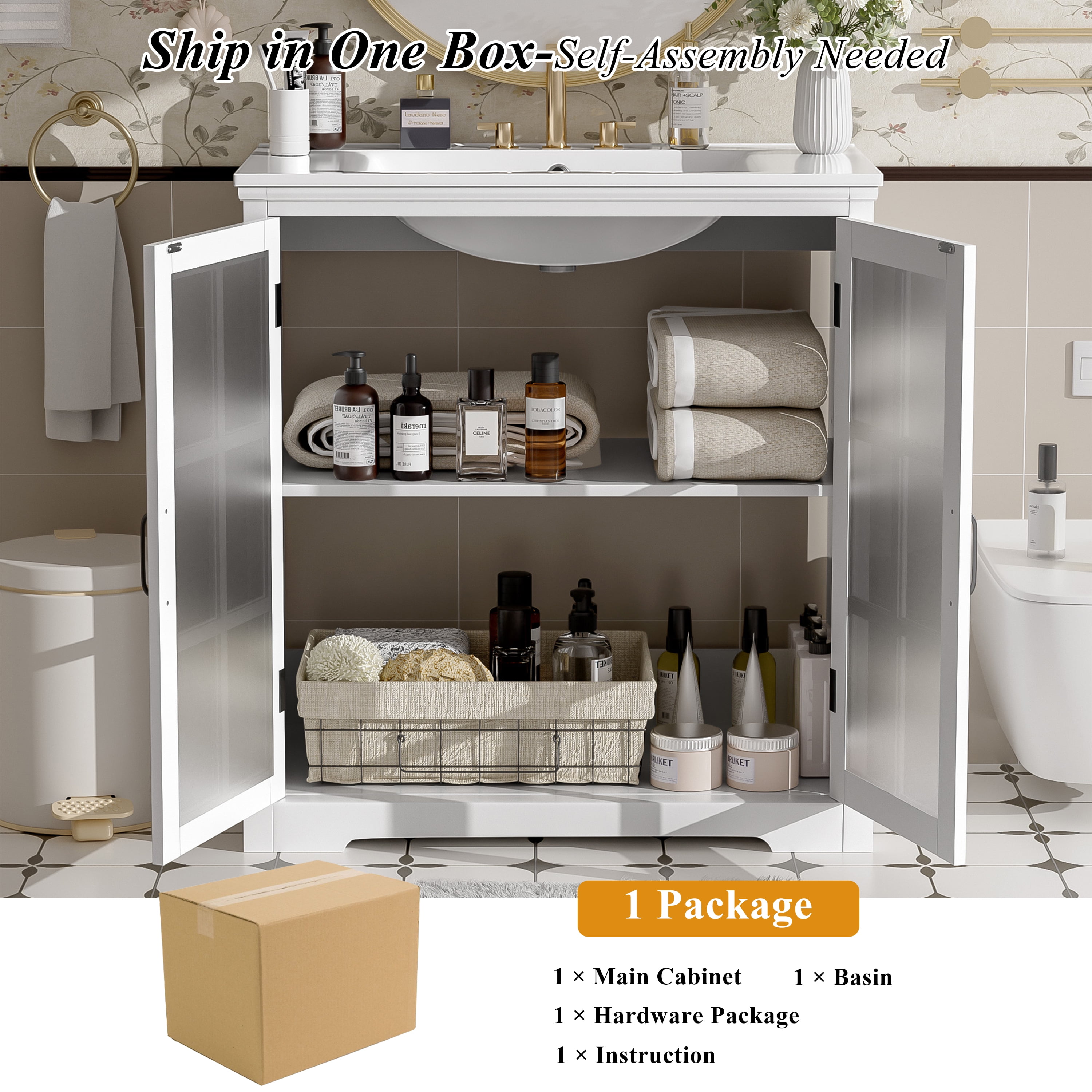 Euroco 30" Modern Bathroom Vanity with Ceramic Sink, Tempered Blurred Glass Doors, Adjustable Shelf & Matte Hardware – Rubber Wood Frame, Widespread Faucet Compatible