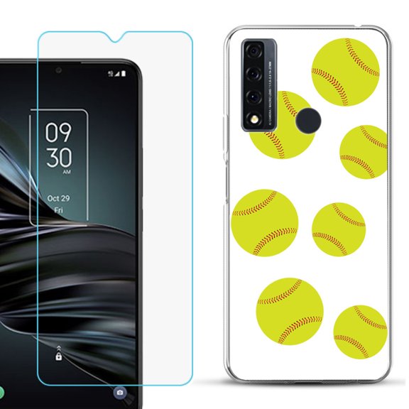 Slim-Fit Fashion Phone Case for TCL 20 XE, with Tempered Glass Screen Protector, by OneToughShield ® - Softball Seven