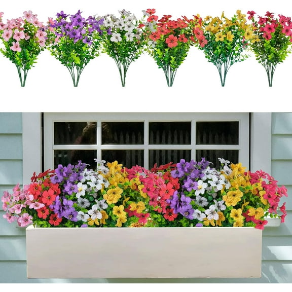 12 Bundles Artificial Plants Flowers Outdoors Colorful Wildflowers Faux Flowers UV Resistant Fake Boxwood Silk Flowers Bushes Shrubs Spring Summer Front Porch Patio Yard Outside Decoration