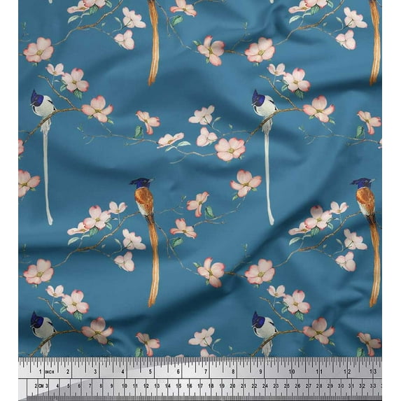 Soimoi Cotton Duck Fabric Leaves,Floral & Paradise Flycatcher Bird Fabric Prints by Yard 56 Inch Wide