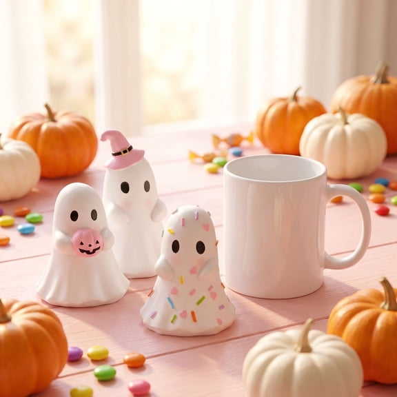 ZENVIVE 3 Pcs Pink Halloween Ghost Figurines, Classic Pastel Style Resin Ghost, Halloween Decor for Table, Shelf, Mantels, Centerpieces Ornament