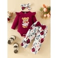 thumbnail image 2 of Cenuakty Baby Girls 3 Piece Outfit Bear Embroidery Long Sleeves Romper and Floral Pants Headband Cute Clothes, 2 of 9