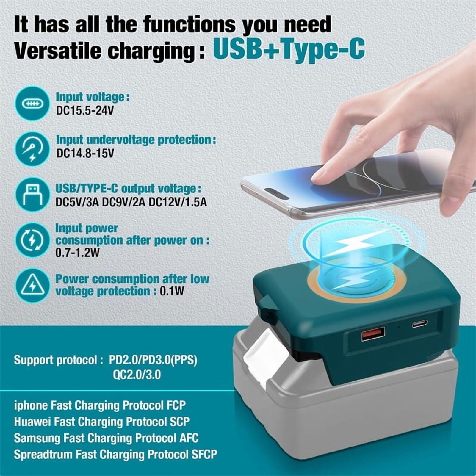 Wireless Phone Charger For Makita 18V Li-ion Battery USB Adapter With Type-C Charge Port Portable Power Bank