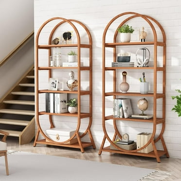 Finmind 5-Tier Arched Brown Bookshelf Set of 2, 70.8" Tall Open Bookcase, Modern Storage Shelves, Freestanding Display Rack Unit for Office, Bedroom, Living Room, Brown