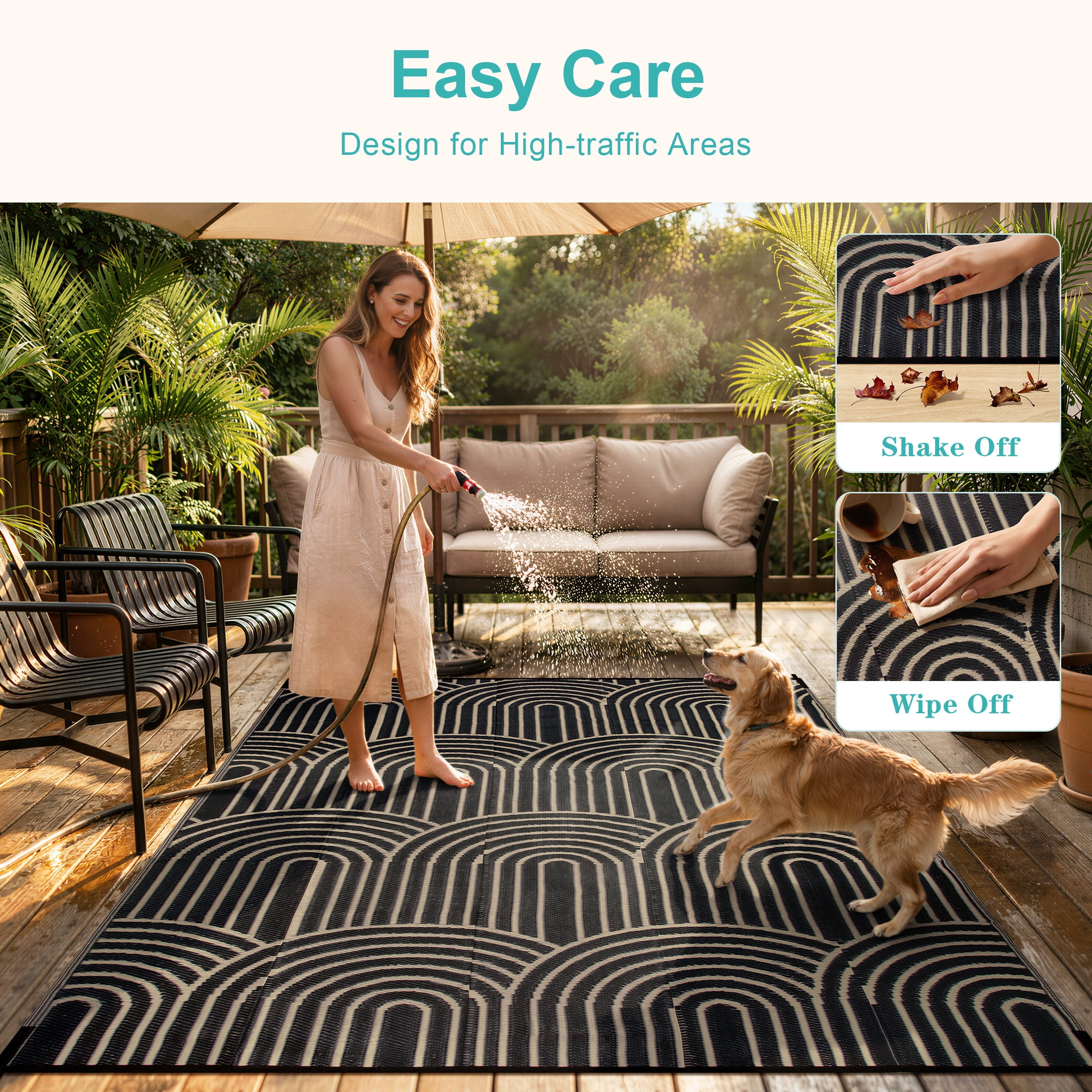Wonnitar Large Outdoor Rugs Waterproof 8'x10' Reversible Plastic Straw Rug, Modern Rainbow Outside Carpet for RV Patio Deck Porch Balcony Picnic Camping Beach, Black&Brown-Rainbow
