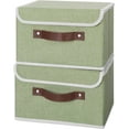 thumbnail image 2 of Storage Bin with Lid Storage Boxes with PU Leather Handles PP Plastic Board Decorative Foldable Lidded Cotton Linen Fabric Home Cubes Baskets Closet Organizer Container - Green, Small Size, 2 of 7