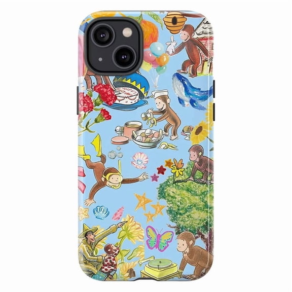 Curious George Monkey Collage Phone Case, Vibrant Light Blue Whimsical Character Protective Cover for iPhone 17, 16, 15, 14, 13, 12, 11, Pro Max, Plus, Mini