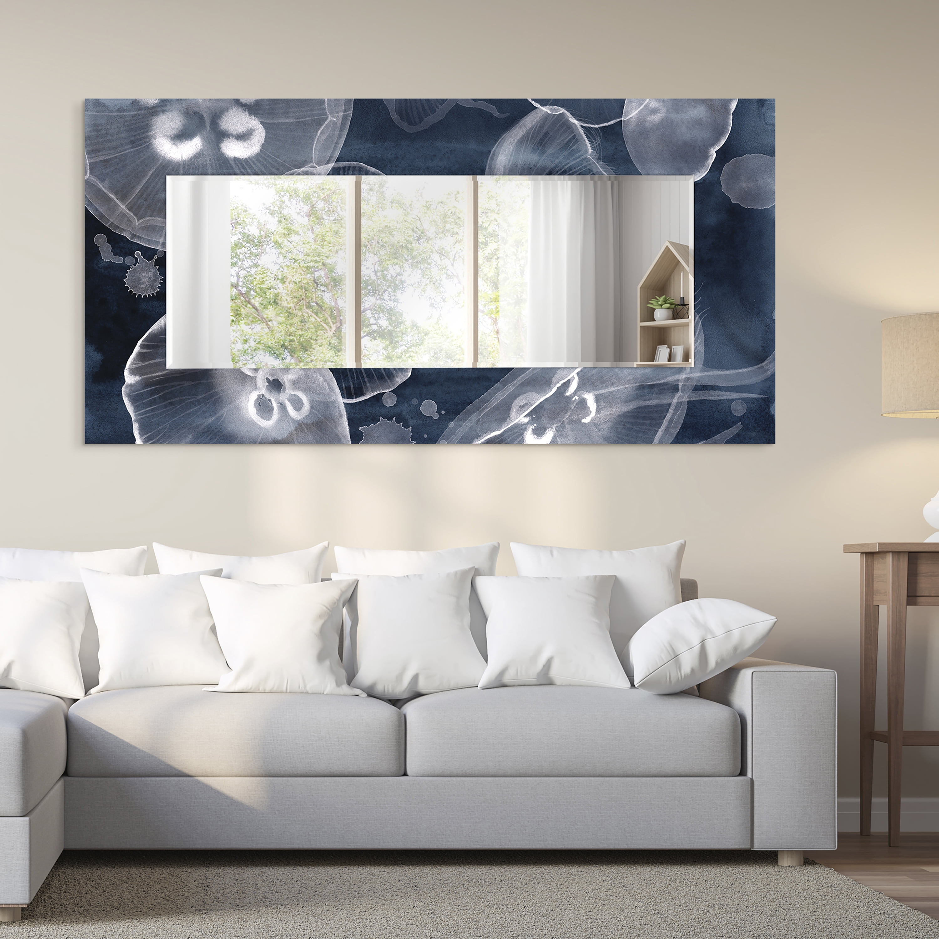 Empire Art Direct Moon Jellies Rectangular Beveled Mirror on Free Floating Reverse Printed Tempered Art Glass, 72" x 36" x 0.4", Ready to Hang