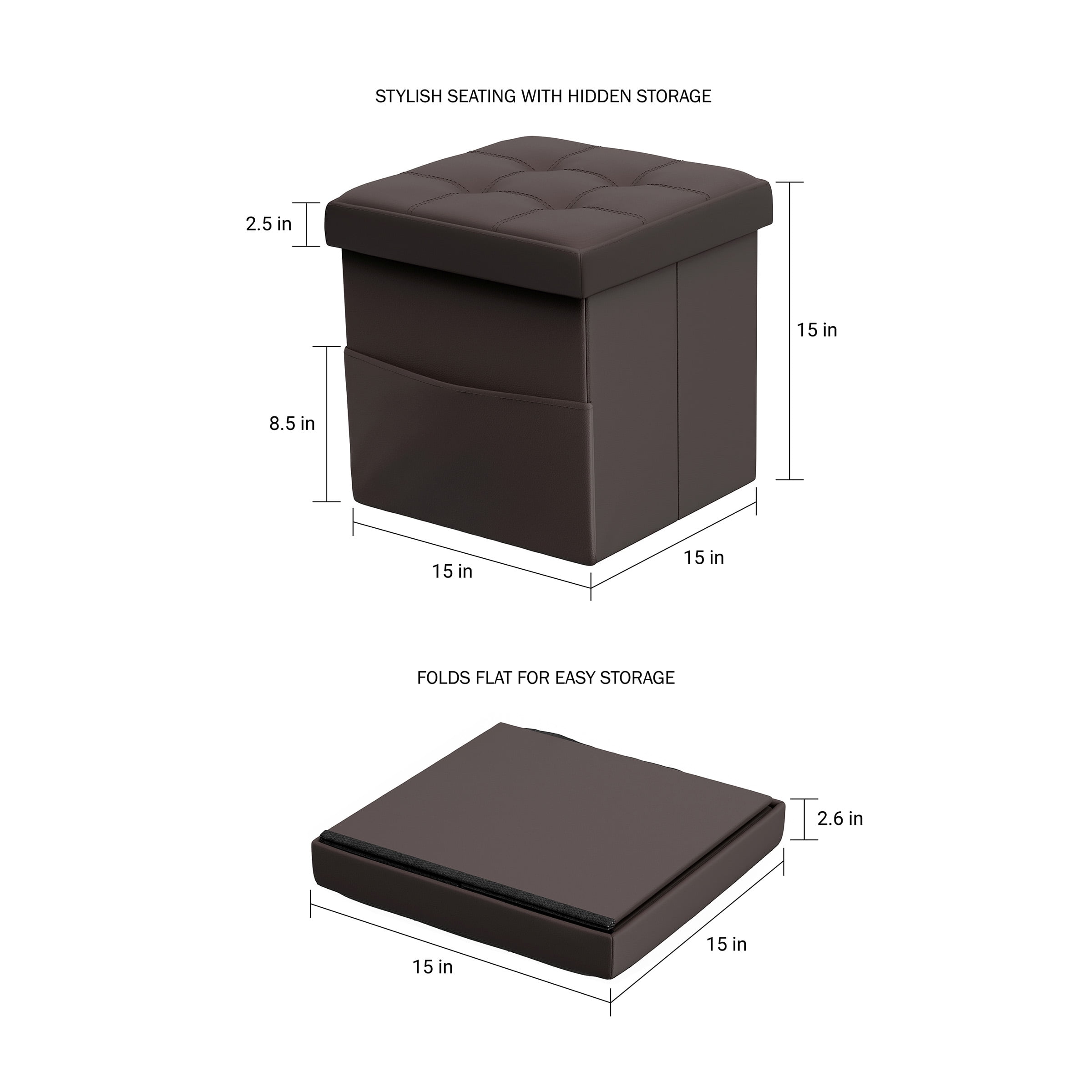 Lavish Home 15-inch Folding Tufted Faux Leather Storage Ottoman with Pocket (Brown)