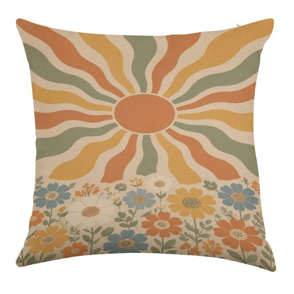 BCIIG Boho Retro Wavy Sun Rays And Wildflowers On Cream Beige Background Throw Pillow Covers, Waterproof Pillow Covers, Square Linen House Decor Cushion Covers for Home Sofa Bed Couch,