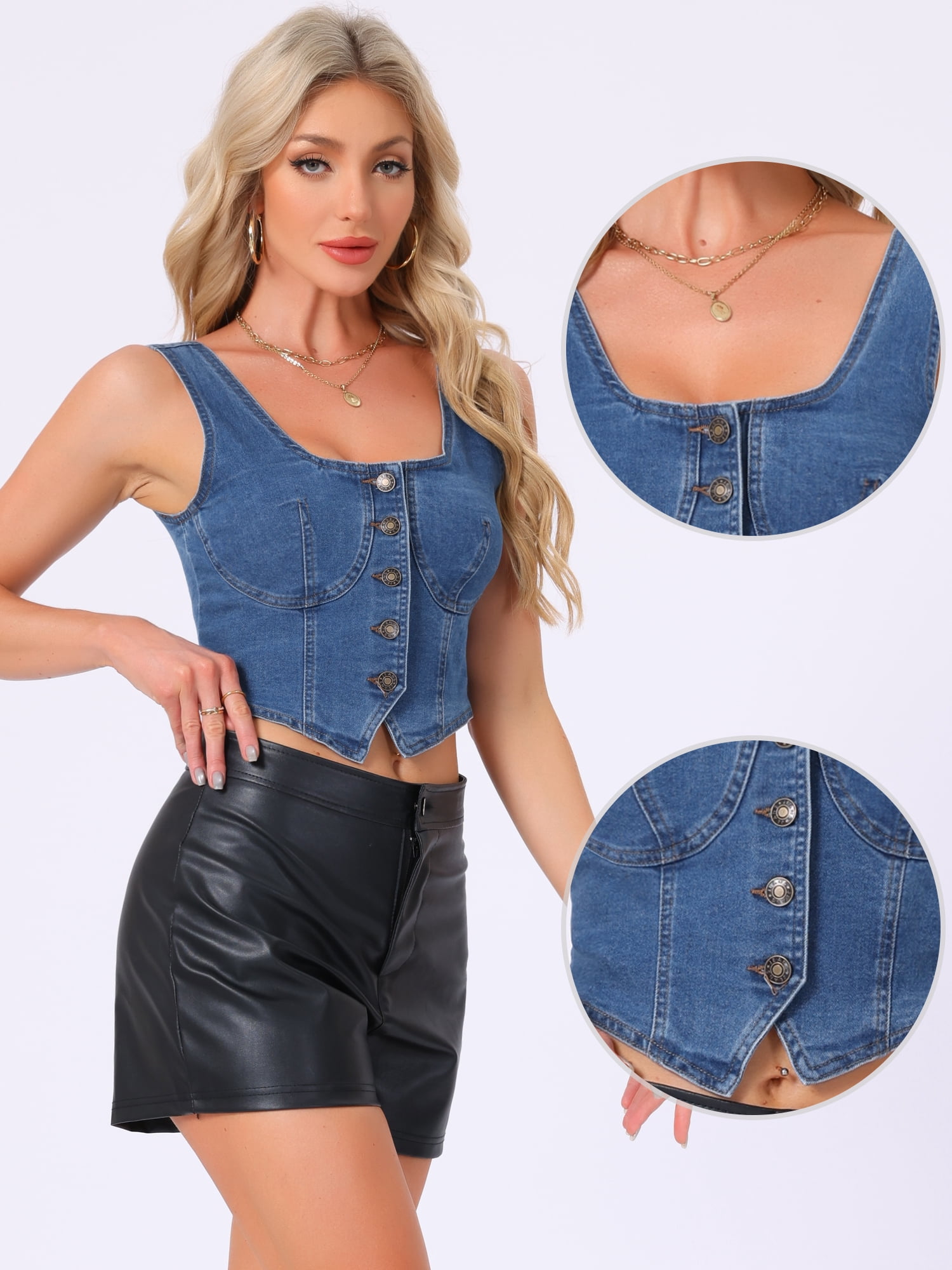 DARING DIVA Women's Square Neck Button Down Jean Waistcoat Vest S Blue