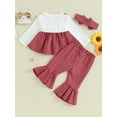 thumbnail image 3 of Infant Baby Girls Fall Outfits Plaid Bowknot Crew Neck Long Sleeve Tops Long Flare Pants Headband Set, 3 of 8