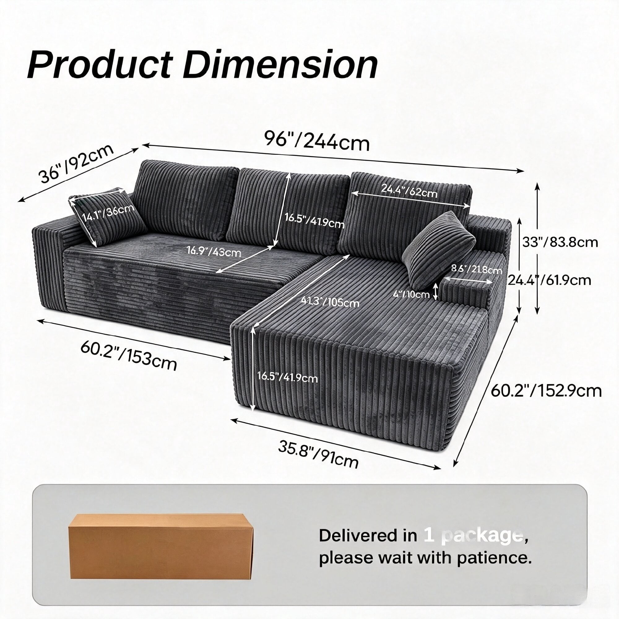 Howcool 96" L‑Shaped Modular Sectional Sofa with Deep Seat Chaise,Corduroy 3‑Seat Boneless Cloud Couch,Compressed Sofa for Living Room,No Assembly Required,Right Facing,Gray