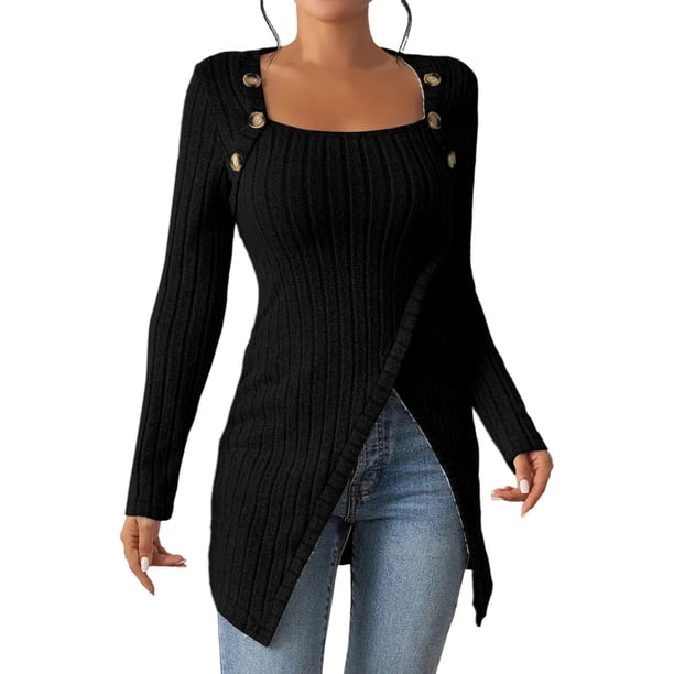 Túnica ligera con dobladillo asimétrico y botones para mujer - Top informal de manga larga, material de poliéster, tallas S-XL, perfecto para el otoño