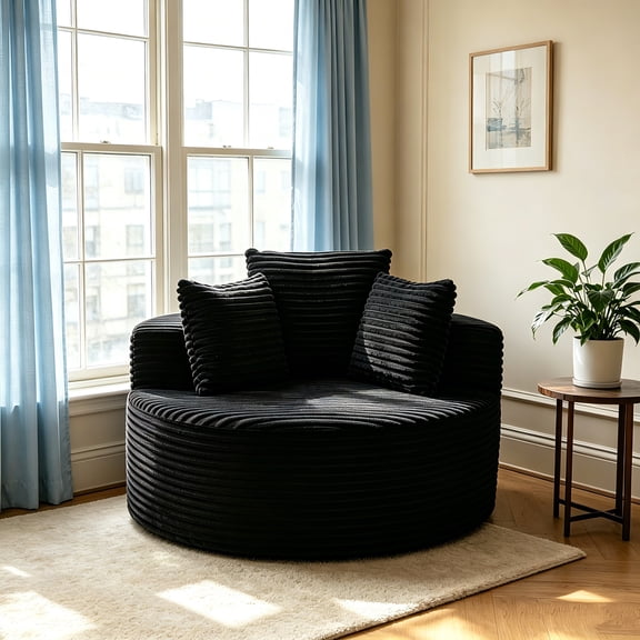 AUU 43" Round Corduroy Single Sofa Lounge Chair with 3 Pillows – Minimalist Accent Seat for Bedroom, Living Room, Game Room, or Lounge Area