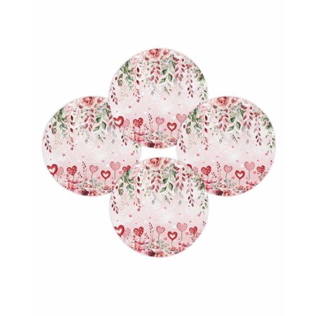 Valentine s Day Round Placemats Set of 4 Pink Rose Love Heart Place Mats Washable Woven Placemat Gift Eucalyptus Leaves Circle Braided Table Mat for Kitchen Dining Table Wedding Party Decor 15 Inch