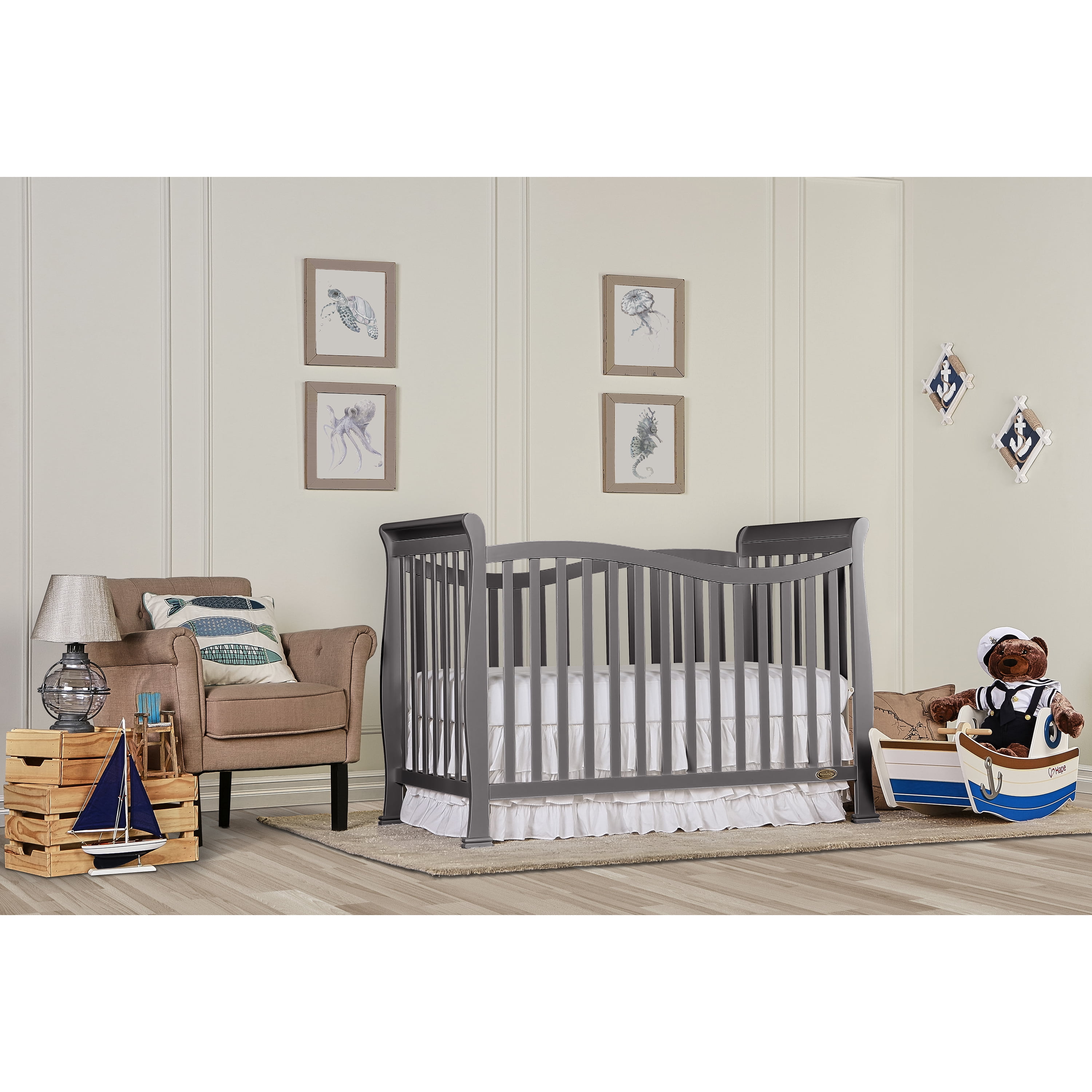 Nursery Bundle Dream On Me Violet Convertible Lifestyle Crib, Dream On Me Ashton Changing table, with a Dream On Me Honeycomb Orthopedic Firm Fiber Standard Crib Mattress in Storm Grey