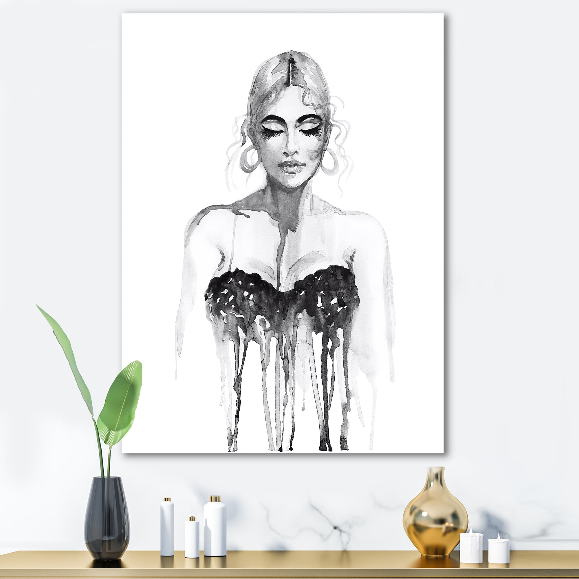 Black and White Portrait of Woman Wearing Evening Dress 12 in x 8 in Painting Canvas Art Print, by Designart