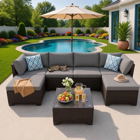 7-Piece Outdoor Patio Furniture Set, PE Rattan Sectional Sofa for 6 with Tempered Glass Table & Waterproof Cushions, All-Weather Conversation Set for Garden - Gray